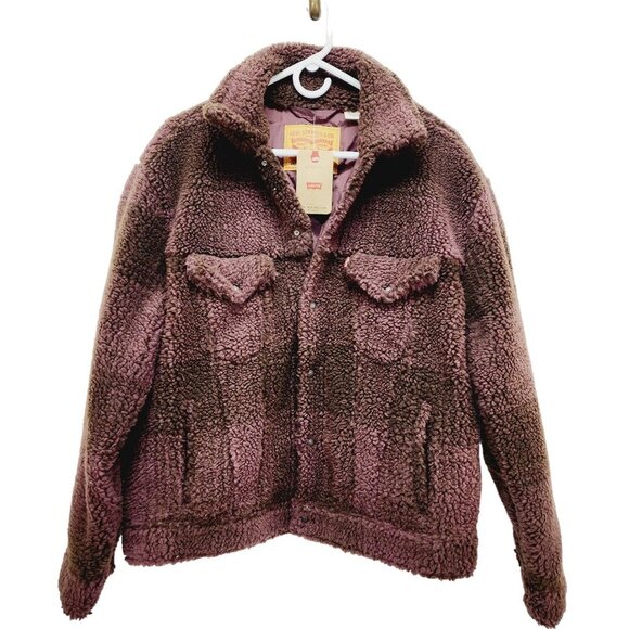 Levi’s Men's Fleece Sherpa Trucker Jacket Vintage Relaxed Fit Brown Size L New - Picture 1 of 16